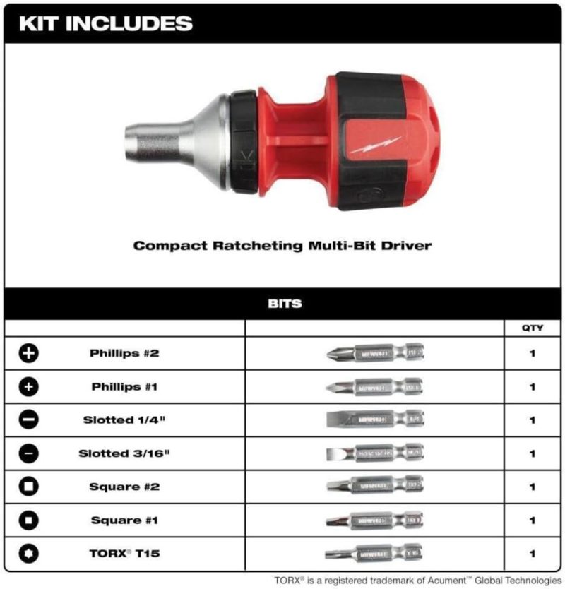 Tournevis multi-embouts compact à cliquet 8-en-1 adapté pour l’outil 48-22-2330 | Verseurs à Embouts Multiples