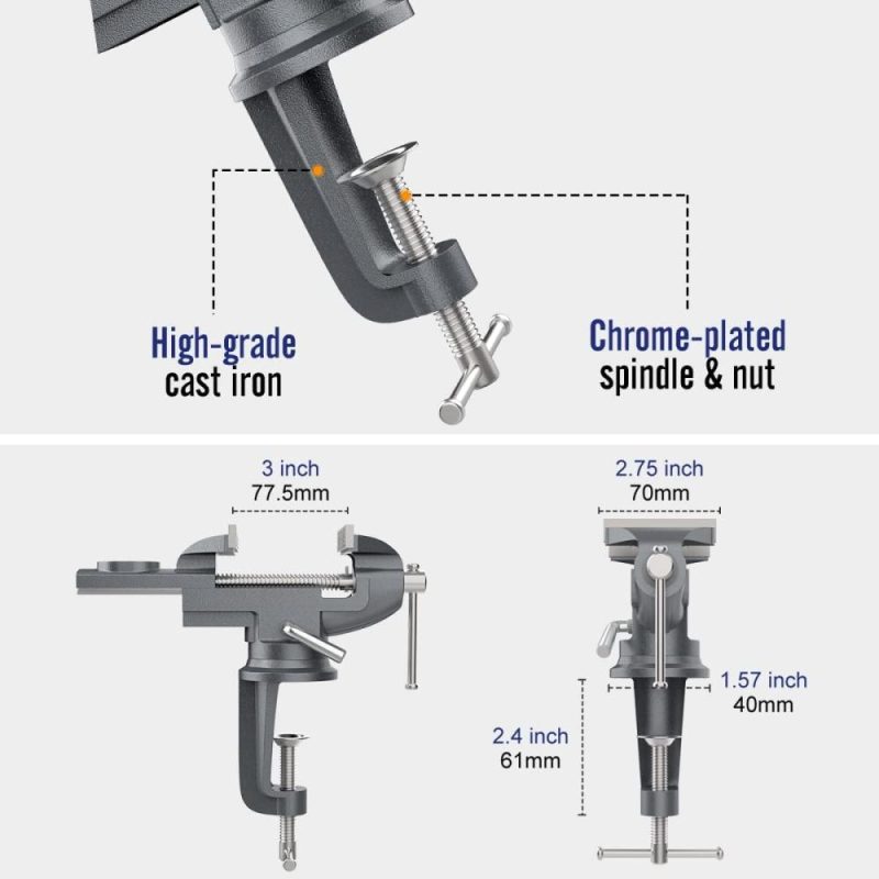 Vise Universel de Table 3 Pouces, Étau à Base Pivotante à 360° pour Banc de Travail, Étau de Maison, Outil de Réparation Portable pour Banc de Travail pour Menuiserie, Découpe de Conduit, Perçage, Métallurgie, Gris | Étaux