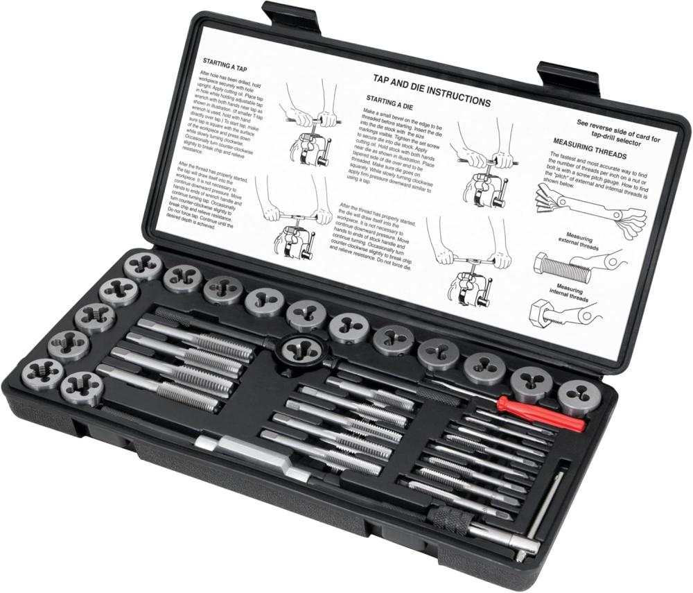 W4002Db Ensemble de filières et tarauds métriques de 40 pièces | Filetage grossier et fin | Kit d’outils de filetage et de refilage essentiel avec accessoires et boîte de rangement | Sets de Tarauds et de Matrices