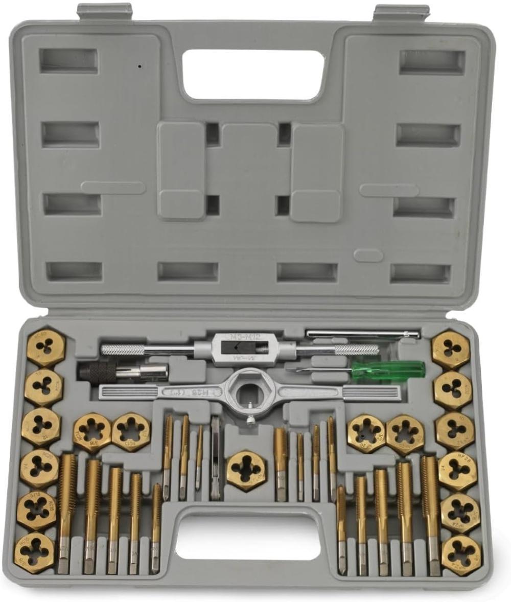 00911A Ensemble de tarauds et filières, tarauds et filières en acier allié revêtu de titane, grand kit d’outils de filetage avec mallette de rangement, ensemble de 40 pièces | Sets de Tarauds et de Matrices