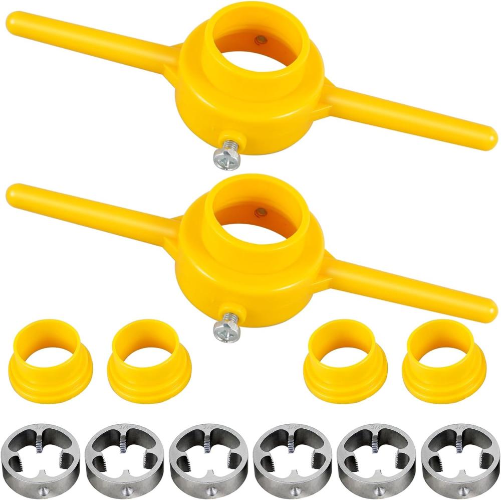 Kit de 12 outils de fabrication de filets en PVC, ensemble d’outils de plomberie avec taraudeur pour tuyaux, ensemble de taraudeurs ronds en PVC réutilisables avec matrices de 1/2", 3/4", 1", ensemble de filières en plastique, clé manuelle de plomberie pour le filetage en PVC (2 ensembles) | Sets de Tarauds et de Matrices