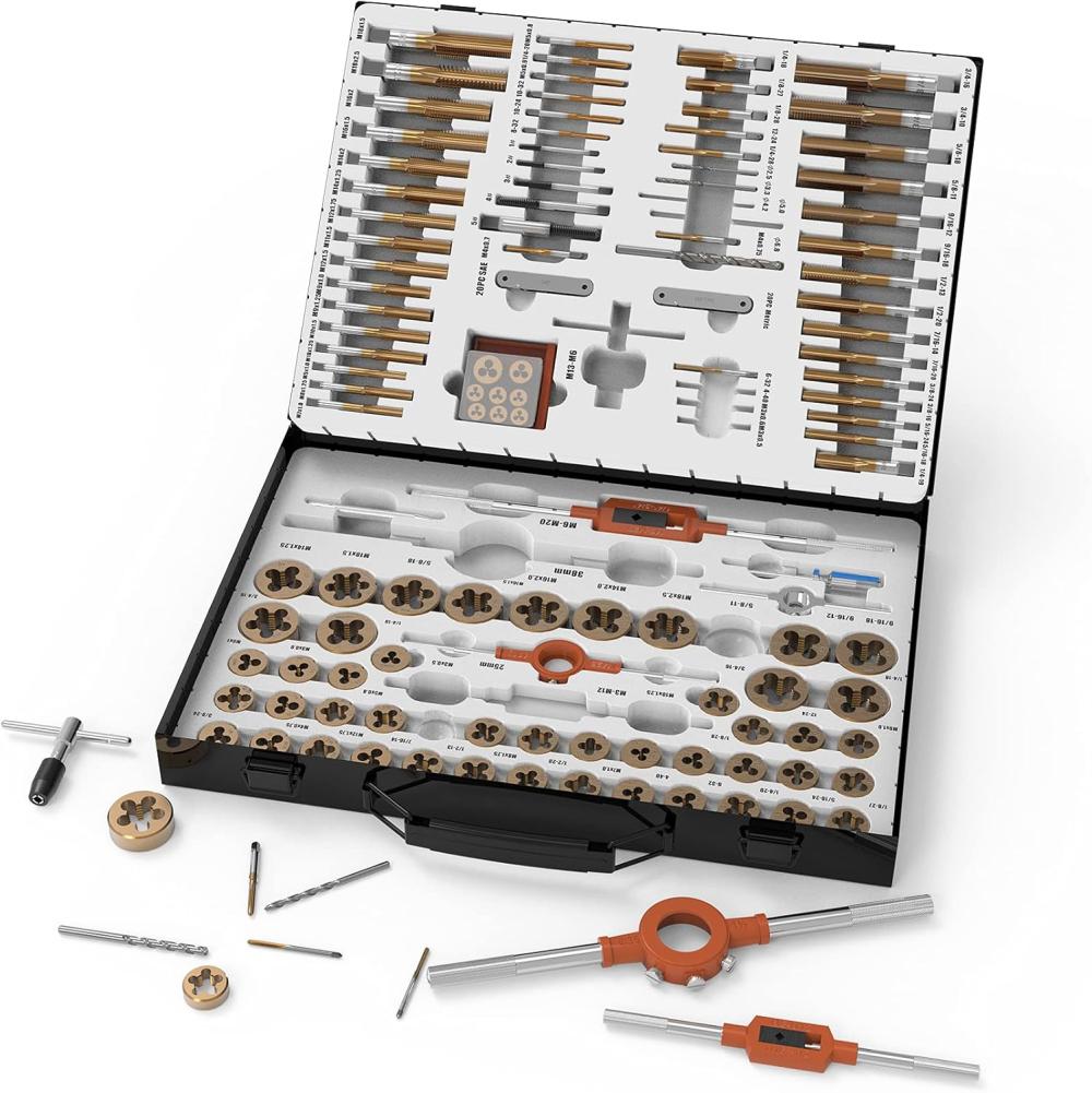 Muzerdo 131Pcs Kit de retapage en acier à roulement revêtu SAE et métrique | Sets de Tarauds et de Matrices