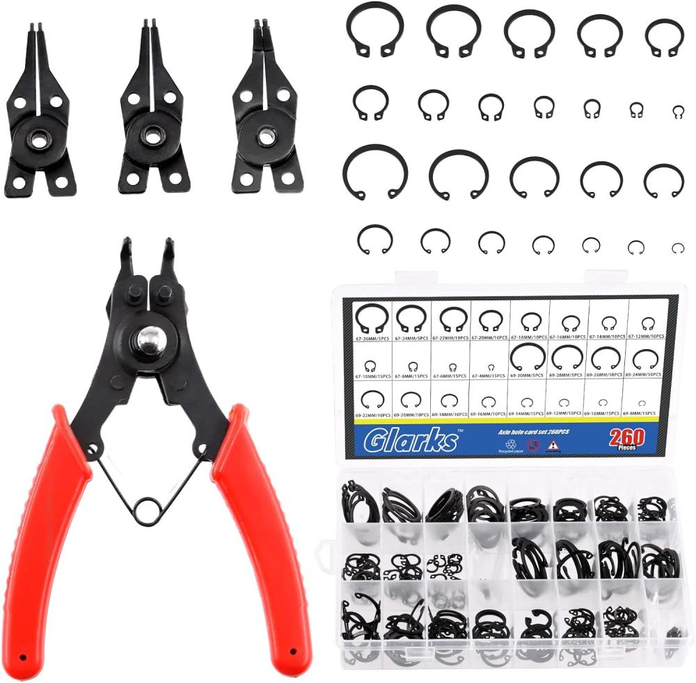 Ensemble de 261 pièces de pinces à circlips et de circlips, pinces à circlips avec 4 mâchoires interchangeables et kit d’assortiment de 260 pièces de circlips internes et externes pour essieux, arbres et autres pièces mobiles. | Pince à Agrafes