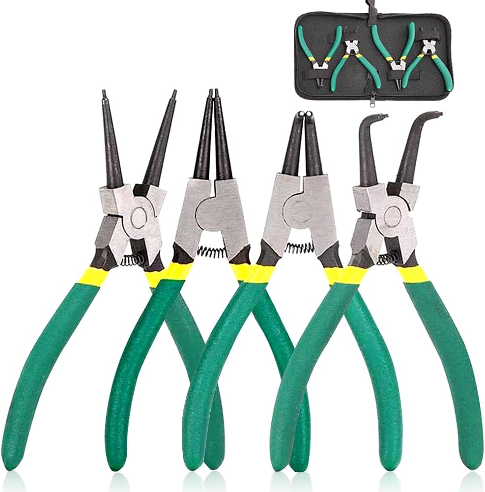 Ensemble de 4 pinces à circlips de 7 pouces, pinces à circlips internes/externes lourdes avec mâchoire droite/pliée en acier Cr-V pour retirer les anneaux, pinces à clip de retenue avec sac de rangement. | Pince à Agrafes